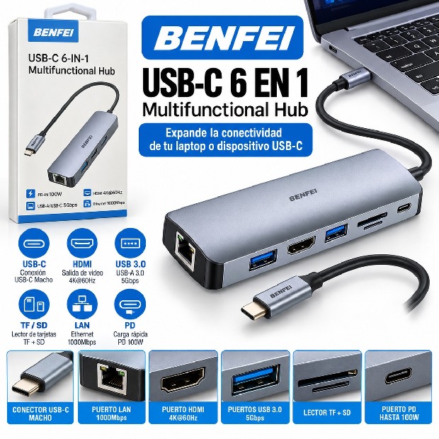 &ua HUB TIPO C MACBOOK HDMI VGA USD  6 EN 1 PD BF-379